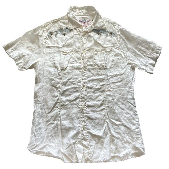 EMILIO SACCI 100% Linen Y2K Graphic Studded Button Up Short Sleeve Shirt‎ - Picture 1 of 9